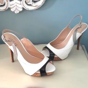 White patent Guess cork platform heel slingback shoes ❄️